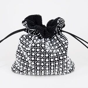 Reversible Reticule Black with White beads vintage retro handbag purse wristlet